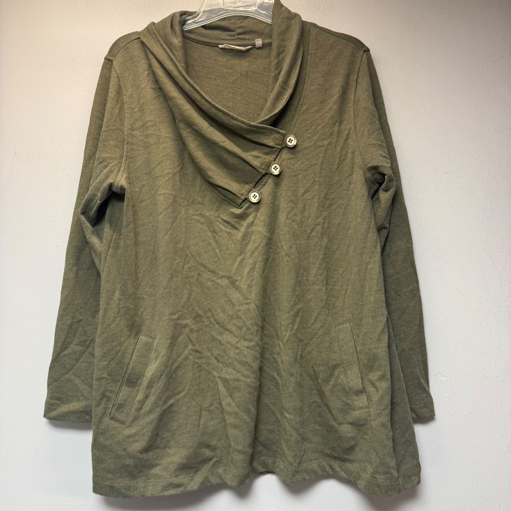Soft Surroundings Cowl Neck Tunic Women L Green Excellent Button Pocket 2EZ87
